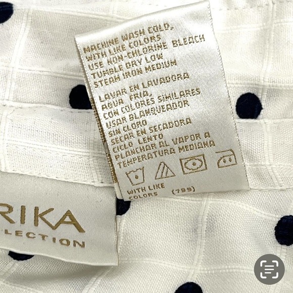 Erika Blouse Long Sleeve Collar Button White‎ Navy Polkadots Side Slits New - Picture 13 of 15